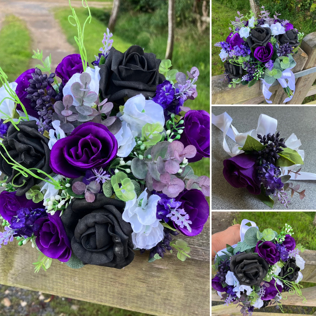 A bridal bouquet of white, black, purple artificial flowers