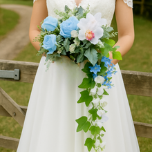 semi crescent Wedding Bouquet – Artificial Blue, White Flowers with Trailing Ivy, Bridal Cascade Bouquet