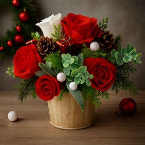 Bouquet of red roses and greenery in a vase with Christmas decorations on a wooden surface.