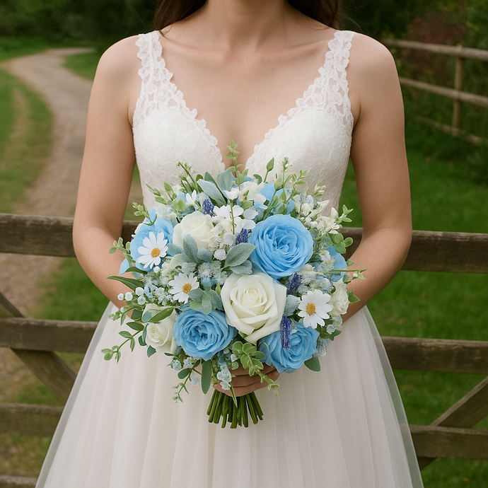 wedding bouquet of blue and white artificial silk flowers