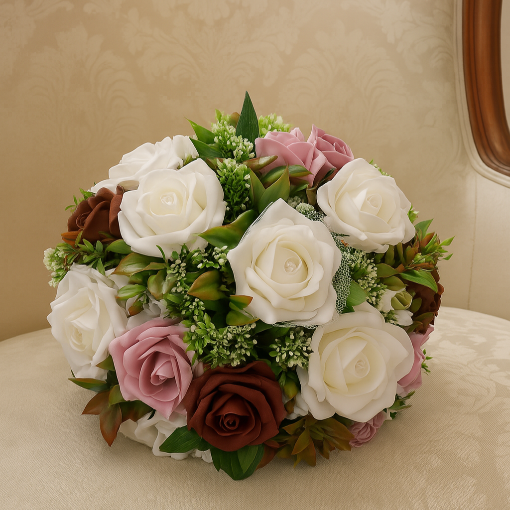 Bouquet of white, pink, and green flowers on a beige cushion