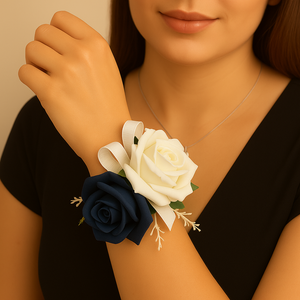 A teardrop bouquet of navy and ivory artificial roses flowers