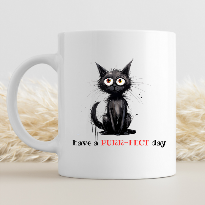 a ceramic gift mug from our black cat collection - 'purrfect day'