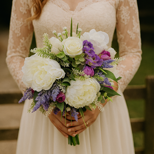 A brides bouquet featuring lilac, lavender and ivory artificial flowers