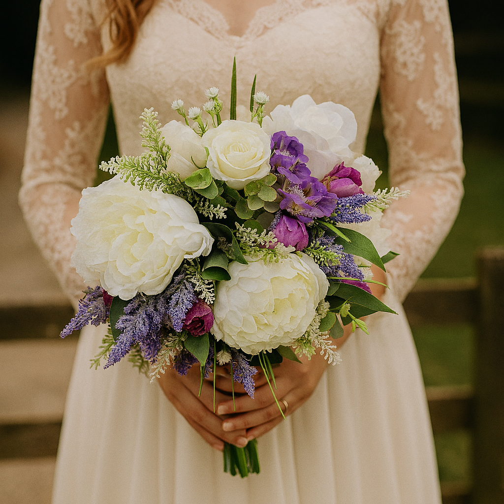 A brides bouquet featuring lilac, lavender and ivory artificial flowers