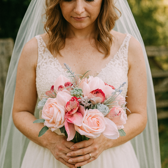 A wedding bouquet of coral and grey artificial roses and orchids