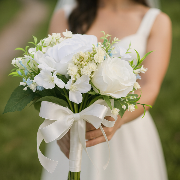Bouquet of white flowers with a green leafy background