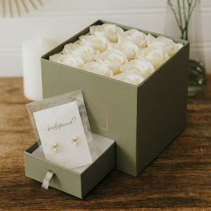 bridesmaid proposal, ivory soap roses, pearl earings in hat box