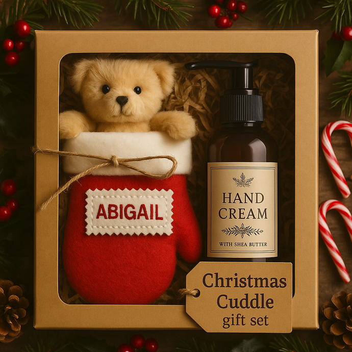 Christmas Cuddle Gift Set – Red Felt Mitten with Teddy & Hand Cream – Pampering Keepsake Gift