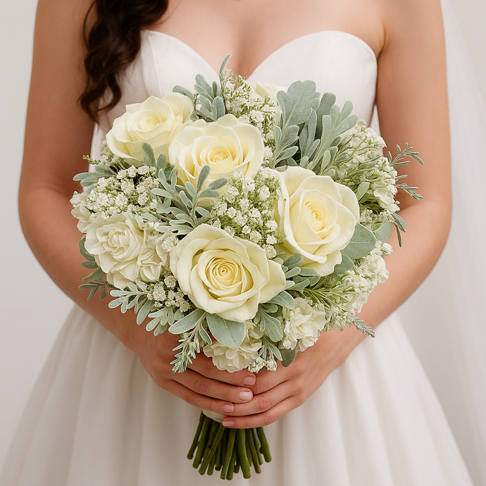 A wedding bouquet collection of faux silk artificial ivory roses, grey foliage and gyp