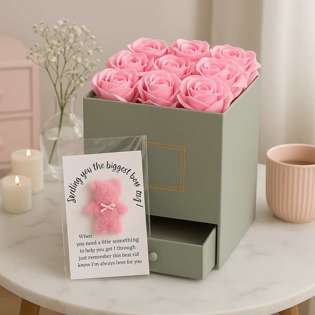 Box of pink roses with a card and teddy bear on a marble surface.
