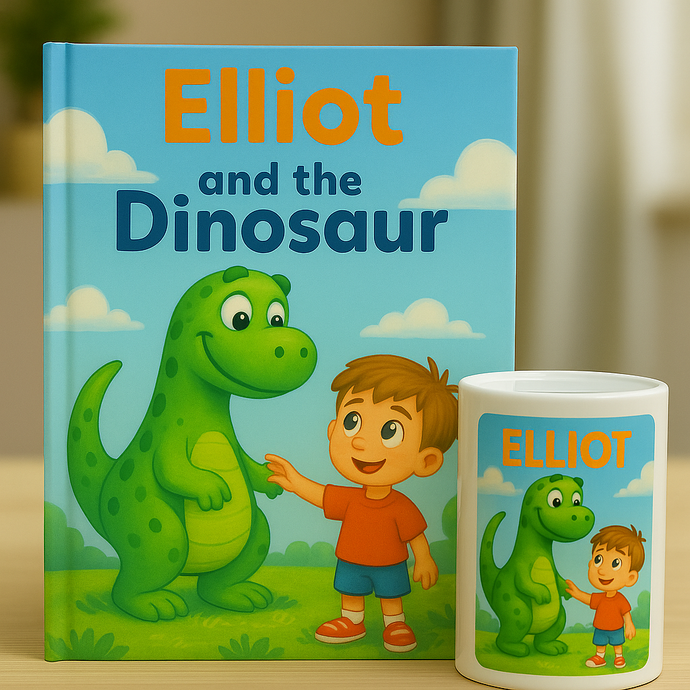 Personalized Dinosaur Adventure Book & Money Box Gift Set for Kids – Featuring Your Child’s Name!