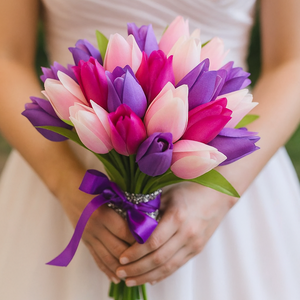 Bouquet of pink, purple, and green tulips held by a person in a white dress.