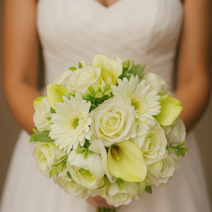 Bouquet of white and yellow flowers held by a person in a white dress.