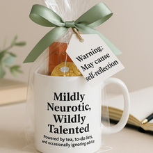 Mug with humorous text and a gift tag on a neutral background
