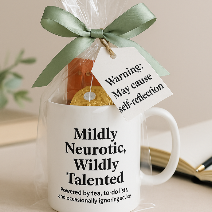 Mug with humorous text and a gift tag on a neutral background