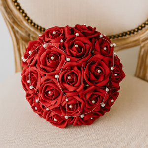 WEDDING BOUQUET of artificial Red foam rose flowers with pearl centres,