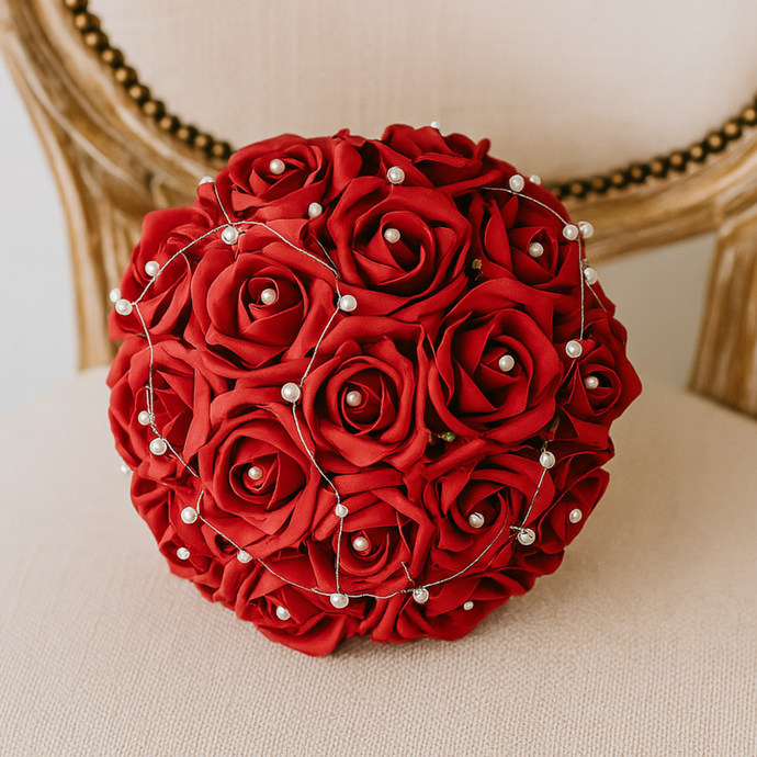 WEDDING BOUQUET of artificial Red foam rose flowers with pearl centres,