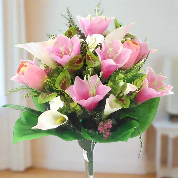 artificial silk pink flower bush of tulips, lilies and foliage