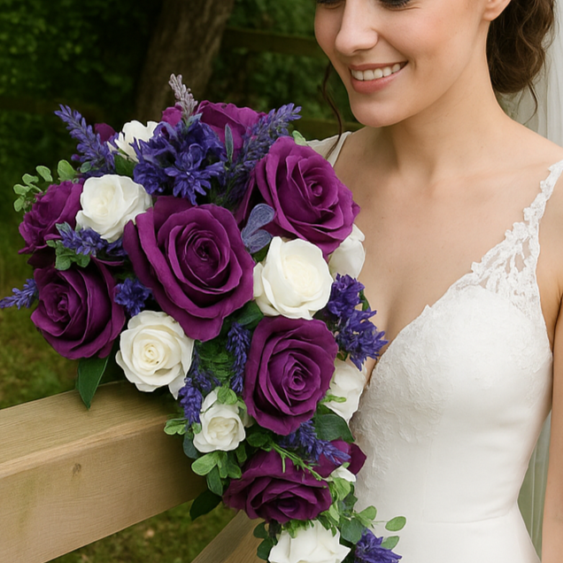 A teardrop bouquet collection of ivory and purple flowers