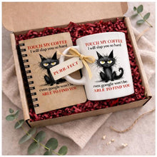 a ceramic gift mug and notebook from our black cat collection -' Touch my coffee'