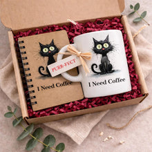a ceramic gift mug and notebook from our black cat collection -' I need coffee'