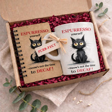 black cat ceramic mug and notebook - Espurrresso yourself funny cat n' coffee slogan