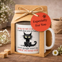 a ceramic gift mug and notebook from our black cat collection -' Touch my coffee'