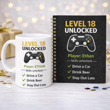 Personalised 18th Birthday Mug and Notebook Gift Set, Level 18 Unlocked Gamer Gift, Custom 18th Birthday Present for Son Brother or Friend