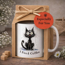 a ceramic gift mug and notebook from our black cat collection -' I need coffee'