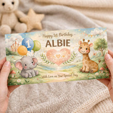 1st Birthday personalised Money Envelope | Baby custom money Gift Holder | safari animals