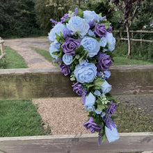 teardrop bouquet collection featuring purple and blue flowers