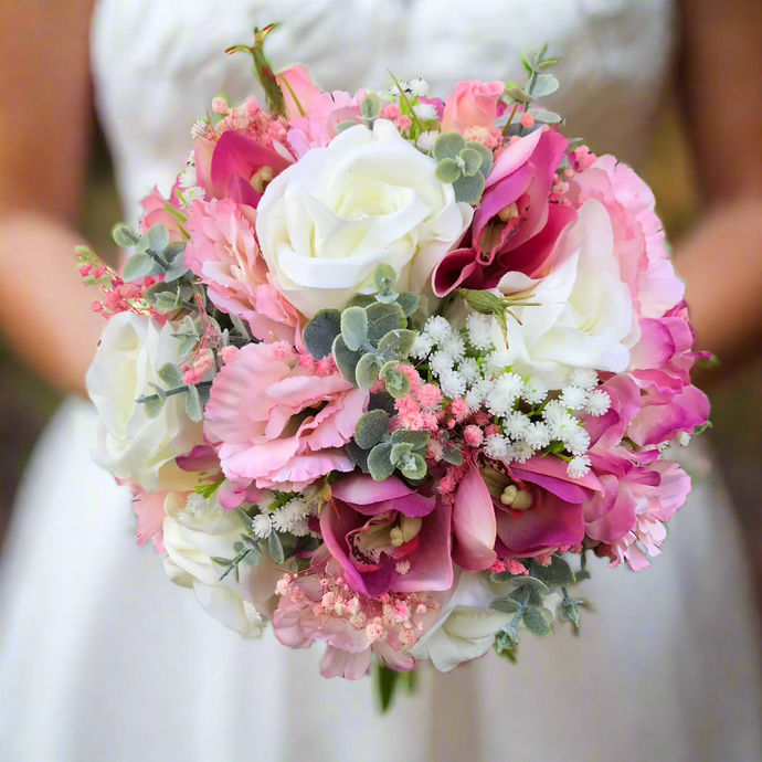 wedding bouquet of ivory rose, astromeria and lisanthus artificial silk flowers