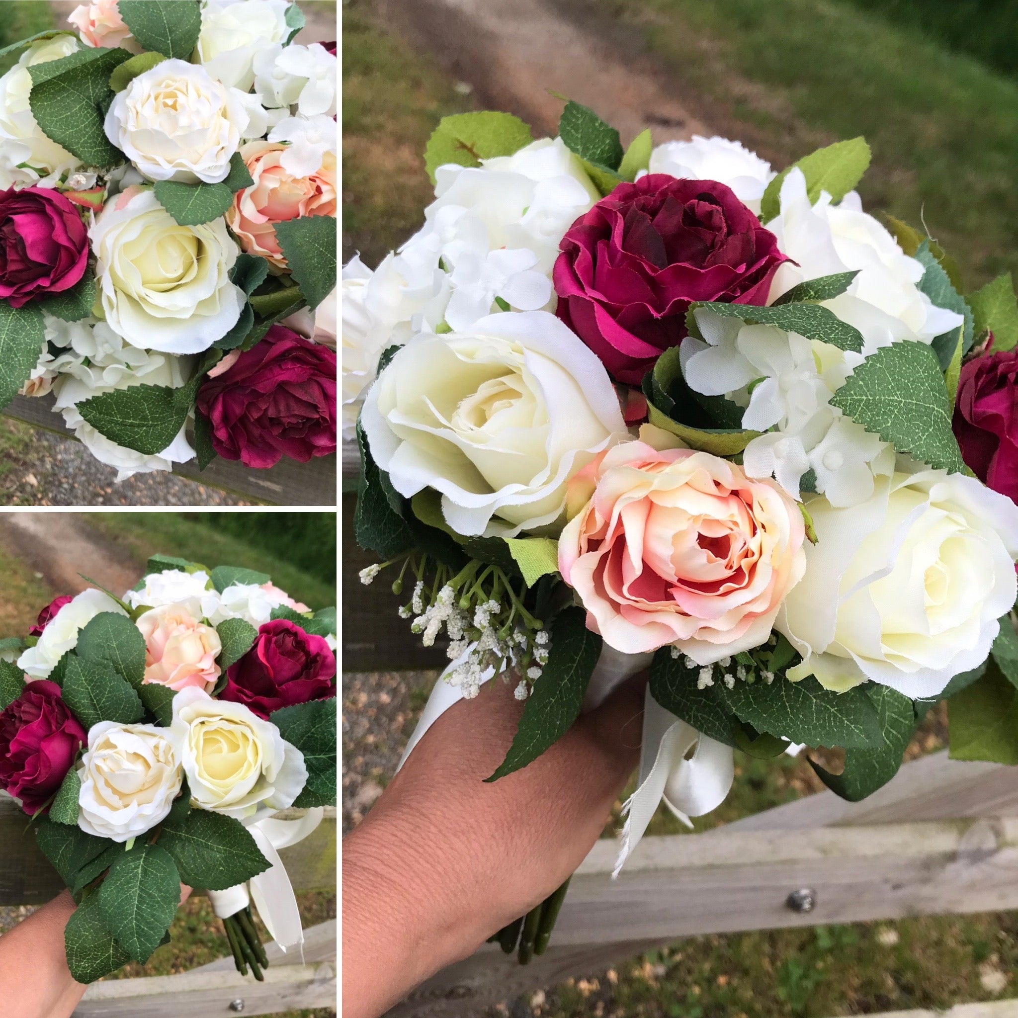 A wedding bouquet of peach, ivory and burgundy silk roses – AbigailRose