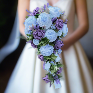 teardrop bouquet collection featuring purple and blue flowers