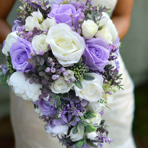 A teardrop bouquet collection of peonies and lilac artificial roses