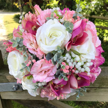 wedding bouquet of ivory rose, astromeria and lisanthus artificial silk flowers