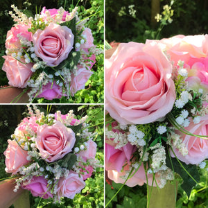 A wedding bouquet collection of artificial silk pink roses & hydrangea flowers