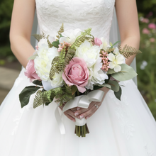 A bridal bouquet collection of artificial silk pink roses, peony & berries