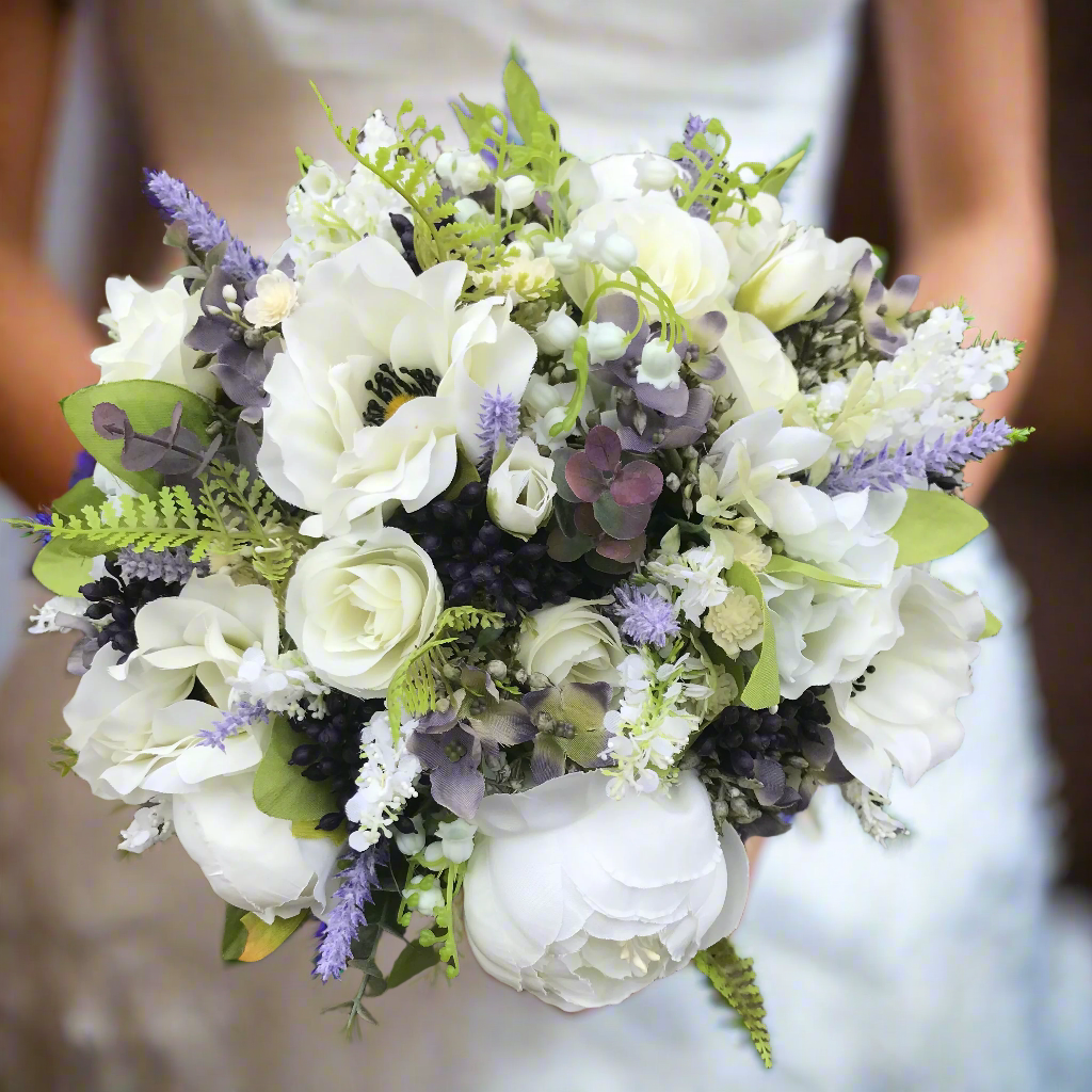 A wedding bouquet of lilac silk flowers