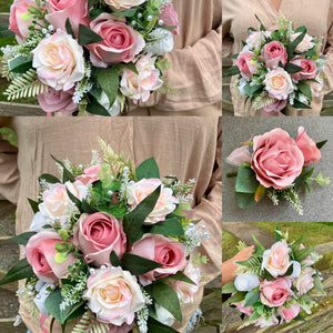 A teardrop bouquet of artificial pink and white roses