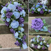 teardrop bouquet collection featuring purple and blue flowers