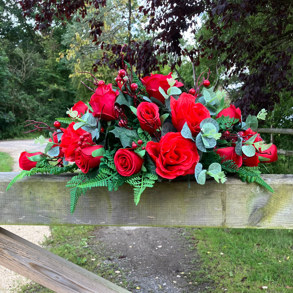 graveside flower arrangement double ended spray of red roses AbigailRose