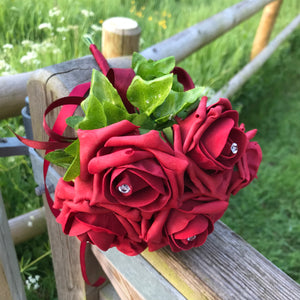 A wedding bouquet collection of red foam roses with diamante centres