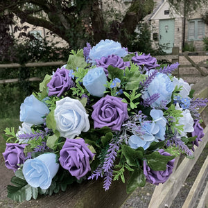 teardrop bouquet collection featuring purple and blue flowers