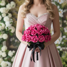 A bridal wedding bouquet of cerise foam rose flowers