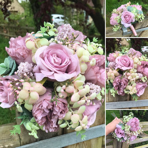 a wedding bouquet collection of pink and mauve flowers