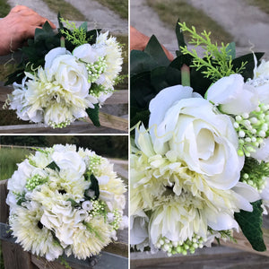 A bridal bouquet collection of ivory and white silk flowers