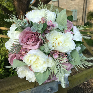 wedding bouquet collection featuring dusky pink roses and peonies