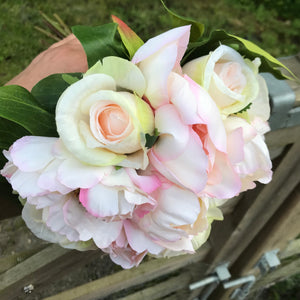 WEDDING BOUQUET of artificial silk pale pink roses and peony